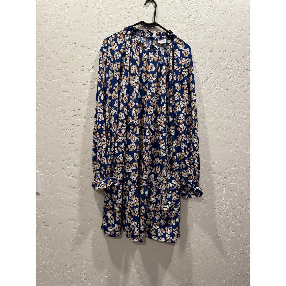 Lularoe Annabelle blue floral ruffled tiered long sleeve knee length dress, 2XL